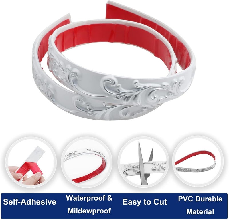 Duzzy Molding Trim Wall Trim, 16.4 Feet Self-Adhesive Flexible DIY Peel and Stick Crown Molding Ceiling Molding Suitable for Mirror Edge, TV Background Wall, Home Wall Decor (White and Silver) - Image 3